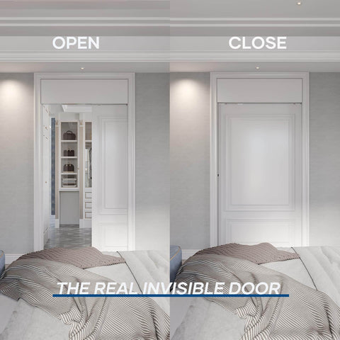 8 Foot Sliding Pocket Door Hardware Track Kit Aluminum Built Tough Heavy Duty Top Mount For 36 To 48 Inch Doors Commercial Grade Easy To Install Quiet And Smooth Operation Door Not Included in residential interior, shown open and closed.