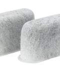 Close-up of two charcoal water filter cartridges for coffee makers, showcasing texture and size, compatible with DCC RWF style.