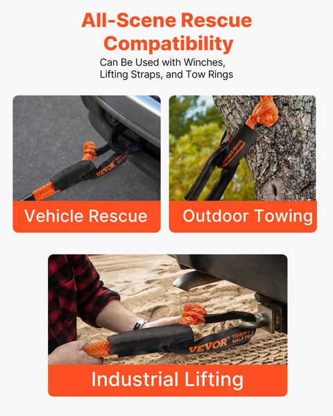 Two Pack 1/2 Inch By 22 Inch Synthetic Soft Shackles With 20 Ton Breaking Strength shown in vehicle, outdoor, and industrial use.