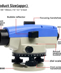 32X Optical Auto Level for Transit Survey With 360 Degree Rotary Dials, showing components and size specifications