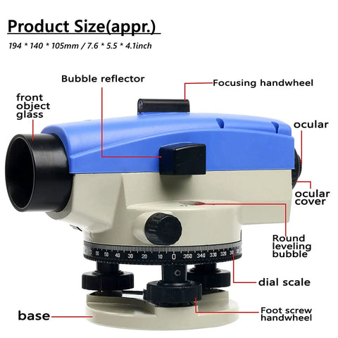 32X Optical Auto Level for Transit Survey With 360 Degree Rotary Dials, showing components and size specifications