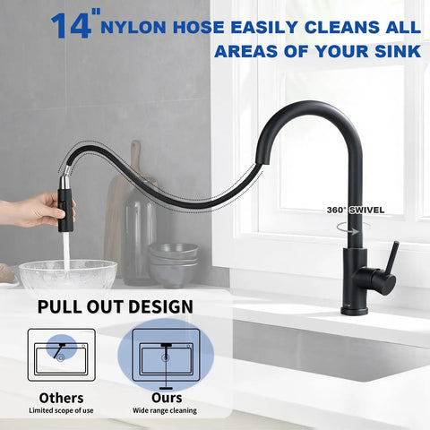 Slick Black Kitchen Faucet With Pull Down Sprayer Single Handle Modern Stainless Steel Kitchen Sink Faucet With Deck Plate