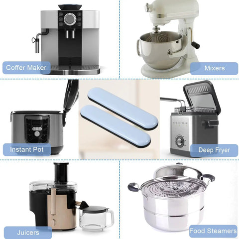 Collage of kitchen appliances including a coffee maker, mixer, instant pot, deep fryer, juicer, and food steamer.