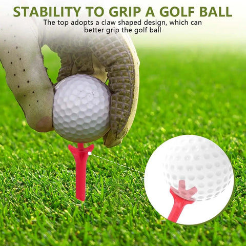 Gloved hand placing a golf ball on a red tee from Assorted Color Plastic Golf Tees 100 Count, 2.8 Inch Length, Durable Bulk Tees