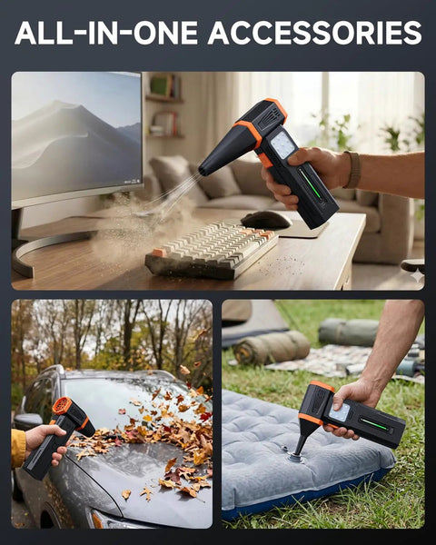 Beast 430G Hurricane Airflow Electric Air Duster cleaning keyboard, car, and inflatable bed with accessories shown.