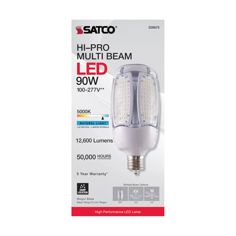 Hi-Pro Multi-Beam LED Lamp With EX39 Base 60W Equivalent 5000K Daylight shown in packaging with specifications
