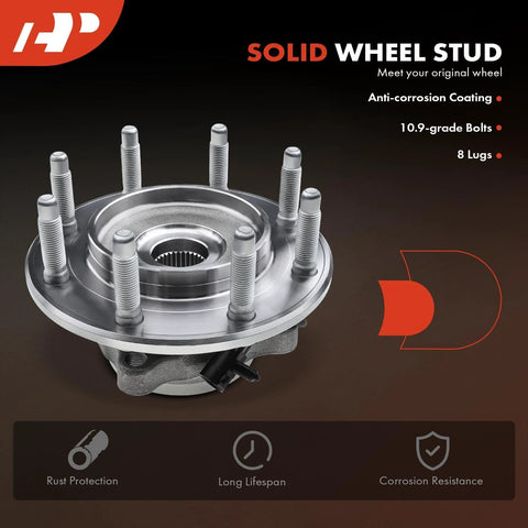 2 Pack Front Wheel Bearing And Hub Assembly With ABS 8 Lug For Chevy Silverado 1500 HD Avalanche 2500 GMC Sierra 1500 2500 3500 Yukon XL 2500 And Hummer front view showing 8 lugs and anti-corrosion features