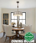 Go To Farmhouse Drum Pendant Light 3 Light Chandelier 18 Inch Adjustable Hanging Fixture in dining room setting.