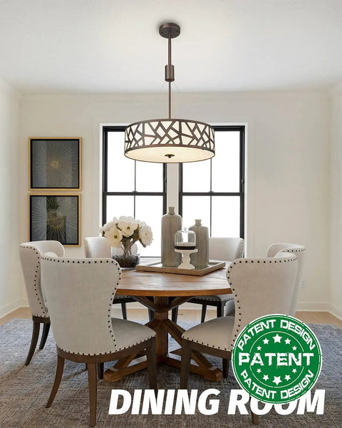 Go To Farmhouse Drum Pendant Light 3 Light Chandelier 18 Inch Adjustable Hanging Fixture in dining room setting.