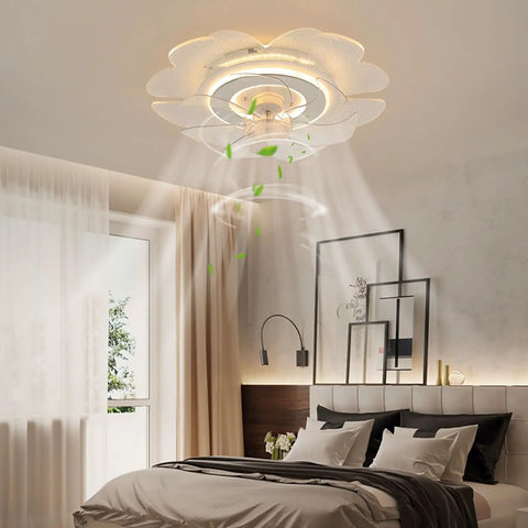 Ceiling Fan with Light 18.5 Inch Low Profile Modern Acrylic for Bedroom in floral design, installed with soft lighting in a modern bedroom.