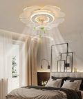 Ceiling Fan with Light 18.5 inch App Control Flush Mount Low Noise 6 Gears in a modern bedroom with a floral design.