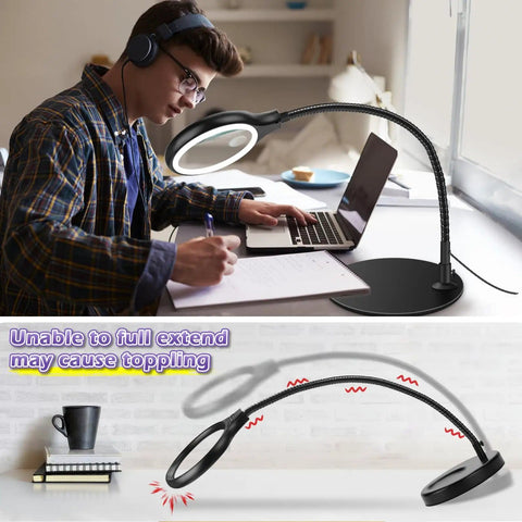 Student using Desk Magnifying Lamp With 10X 20X Glasses Hands Free Stand Lighted Magnifier Three Color Modes for writing notes