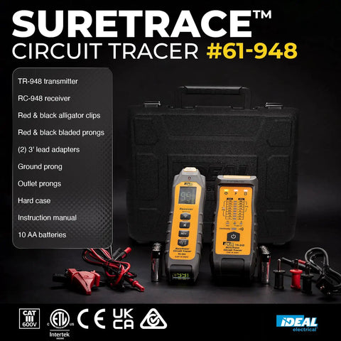 Lightweight Circuit Tracer And Breaker Finder Tool Nailing Down Dead Shorts Up To Six Hundred Volts ETL Certified kit with transmitter, receiver, and accessories.