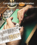 Hands using tool with Stem Extender and Crown Set for Watch Repair High Hardness Wear Resistant Replacement Parts in background