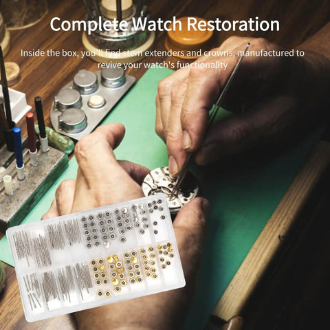 Hands using tool with Stem Extender and Crown Set for Watch Repair High Hardness Wear Resistant Replacement Parts in background