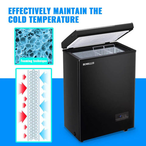 Freestanding Black Mini Chest Freezer With Precision Electronic Thermostat And Two Removable Baskets showing foaming technique for cold maintenance.