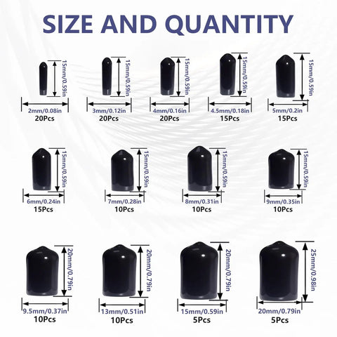 Round Rubber End Cap Kit, 13 Sizes From 2mm To 20mm, Vinyl Rubber Screw Thread Protectors For Bolts And Screws, Size Chart