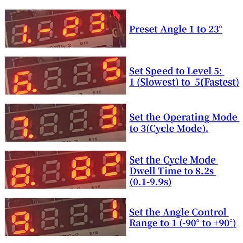 Display showing settings for Six-Channel Servo Controller Board with PWM Speed And Angle Adjust for RC models and robotic arms.