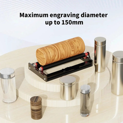 Rock Solid Aluminum Tr3 Rotary Roller Module Easy Y Axis Swap For Diy Engravers And Routers Built Hard For Everyday Garage Projects With Smooth Spinning Performance, showing maximum engraving diameter of 150mm.