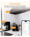 Set schedule feature displaying smart coffee machines and phone interface for No Mess Eu Smart Wall Switch Four Pack Featuring Homekit Compatibility Alexa Voice Control Built In Power Monitoring And Set And Forget Scheduling For Easy Daily Home Automation.