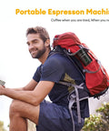 Man sitting outdoors with Portable Espresso Machine Featuring Self Heating System And 20 Bar Pressure Extraction for travel coffee.