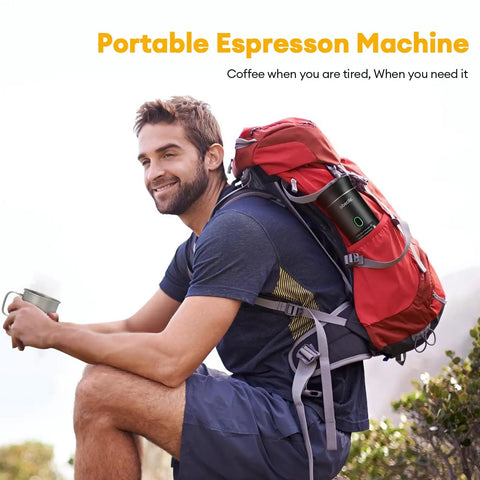 Man sitting outdoors with Portable Espresso Machine Featuring Self Heating System And 20 Bar Pressure Extraction for travel coffee.