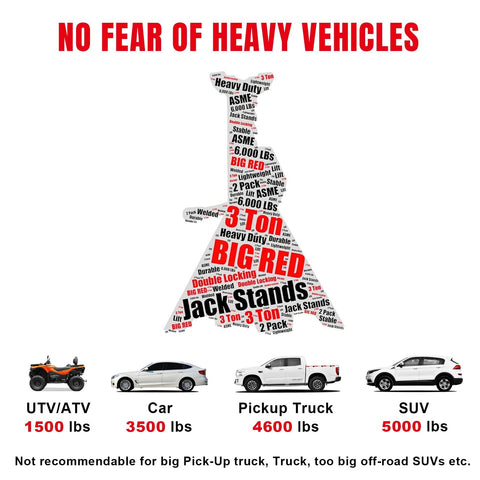 Big Red 3-Ton steel jack stands, pair; car lifting stands; not for SUV or truck.
