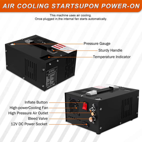 Heavy Duty Portable 4500PSI PCP Air Compressor With Oil-Free Pump Dual 12V DC And 110V 220V AC Power Built-In Cooling Fan Perfect For Filling Airguns Paintball Rifles And Pellet Guns Fast Reliable Performance
