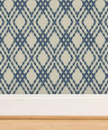 Premium Navy Trellis Wallpaper With Snazzy Linen Weave Hella Durable Polyester Surface Sweet For Kitchens Bathrooms And Commercial Lobbies Straight Paste To Paper Setup Reliable Type Two Finish, close-up view of diamond pattern