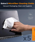 Hand cleaning a laptop screen with white microfiber cloth, packaging shows 'Extra 5 Microfiber Cleaning Cloths'