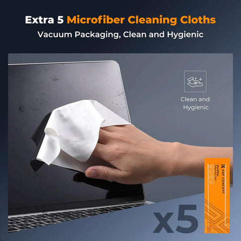 Hand cleaning a laptop screen with white microfiber cloth, packaging shows 'Extra 5 Microfiber Cleaning Cloths'
