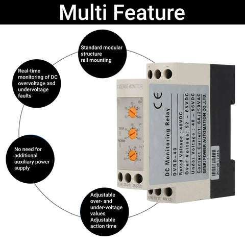 Voltage Monitoring Relay For Single Phase Systems With Adjustable Over Voltage And Under Voltage Protection, 35mm DIN Rail Mount, DC 48V