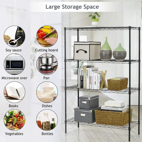 Adjustable Heavy Duty Wire Shelving With Four Solid Levels, Sweet Garage Storage Room Game Changer, No Sweat Snap Together Build, Supports Two Hundred Fifty Pounds Per Tier, Thirty Six By Fourteen By Fifty Four Black Finish