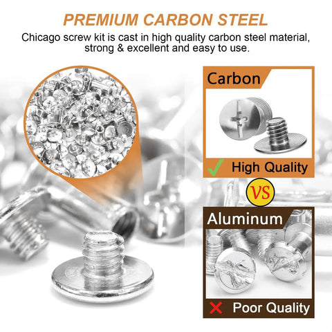 Heavy Duty Chicago Screws And Leather Rivets Kit, 120 Pieces showing premium carbon steel construction for durability.