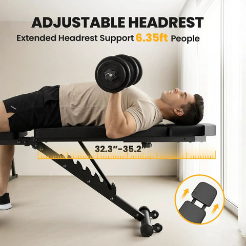 Person using adjustable weight bench for home gym with foldable frame and wheels, leg extension, curl, 770 lbs capacity