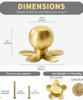 4-Pack Solid Brass Gold Cabinet Knobs With Flower Backplate dimensions and size comparison, includes screws options and coin for scale.