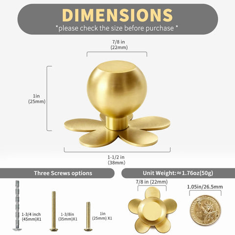 4-Pack Solid Brass Gold Cabinet Knobs With Flower Backplate dimensions and size comparison, includes screws options and coin for scale.