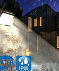120W LED Wall Pack Light With Dusk To Dawn Sensor, 5000K Daylight, mounted on brick wall during rain, IP65 waterproof