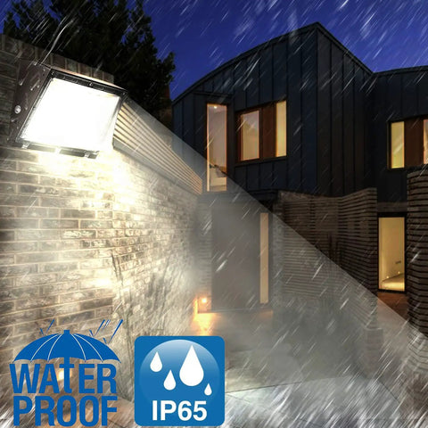 120W LED Wall Pack Light With Dusk To Dawn Sensor, 5000K Daylight, mounted on brick wall during rain, IP65 waterproof