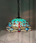 ARTZONE Antique Tiffany Pendant Light Fixture Stained Glass Hanging Lamp with dragonfly design, 16" wide, colorful stained glass.