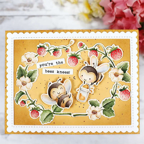 Stamps and Dies Set for Card Making and Scrapbooking with Clear Rubber Stamps and Metal Cutting Dies featuring bees, strawberries, and sunflowers.