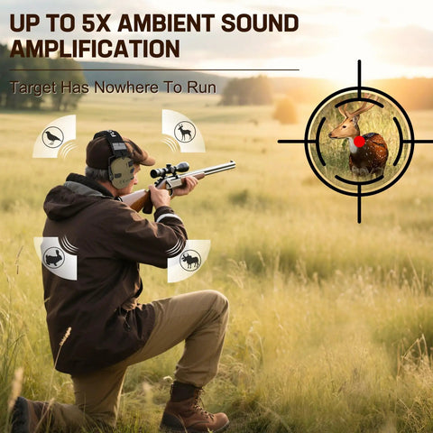 Hunter wearing Electronic Ear Protection for Shooting with 5X Sound Amplification and Active Hearing Protection, aiming in field.