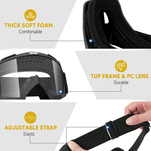 Protective Goggles 2 Pack Safety Eyewear For Nerf Battles And Game Play Dirt Bike And ATV Riding Motorcycle Use Lab And Workshop Safety DIY Projects Painting Woodworking Construction Medical And Dental Environments Black And White showing details of thick foam, TPU frame, PC lens, and adjustable strap.