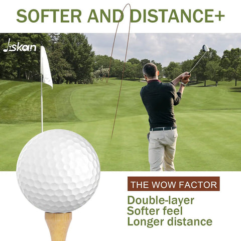 Golfer swings on green, highlighted 'Softer and Distance+' with double-layer golf ball, part of All In One Golf Accessories Kit.