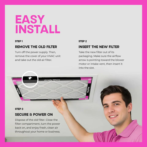 Man installing 12x12x1 Air Filter For Furnace And AC, MERV 11 MPR 1000 Pleated Replacement in ceiling vent, step-by-step guide.