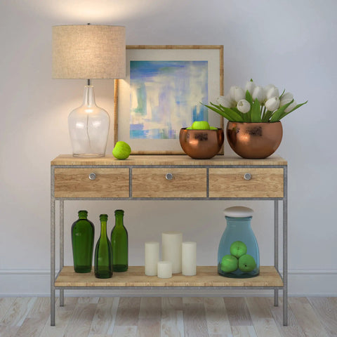 Tall Watermarked Glass Table Lamp With Linen French Drum Shade In Neutral Flax on wooden console with decor items