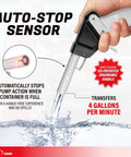 Grab And Go Cordless Fuel Transfer Pump Featuring Auto Stop Safety and Comfort Grip 4 Gpm showing auto-stop sensor and ergonomic handle.