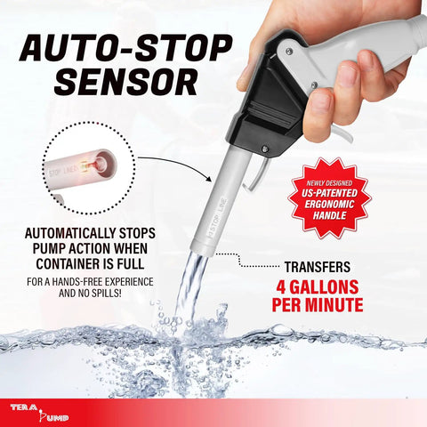 Grab And Go Cordless Fuel Transfer Pump Featuring Auto Stop Safety and Comfort Grip 4 Gpm showing auto-stop sensor and ergonomic handle.