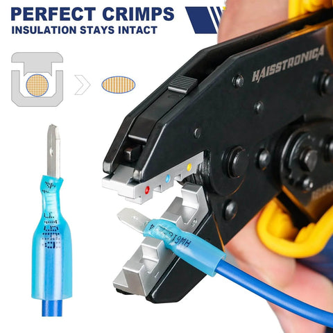 Close-up of 6 In 1 Ratcheting Crimping Tool Kit with Wire Stripper and dies on blue wire connector