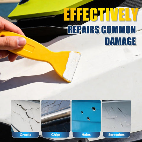 Applying Boat Repair Kit For Fiberglass With Color Match Gel Coat to hull surface for deep cracks, chips, holes, and scratches.